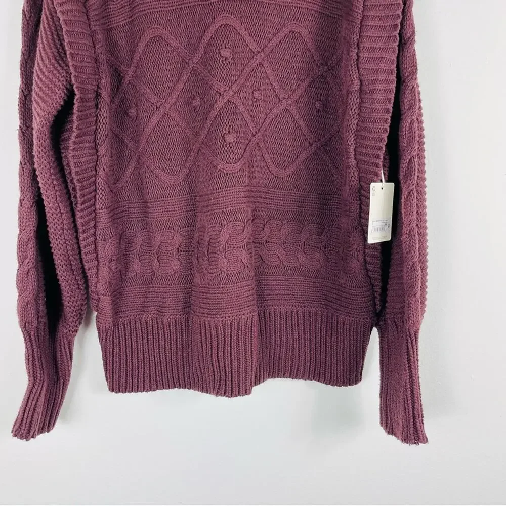 NEW ANA purple plum cable knit ribbed balloon sleeve sweater medium
